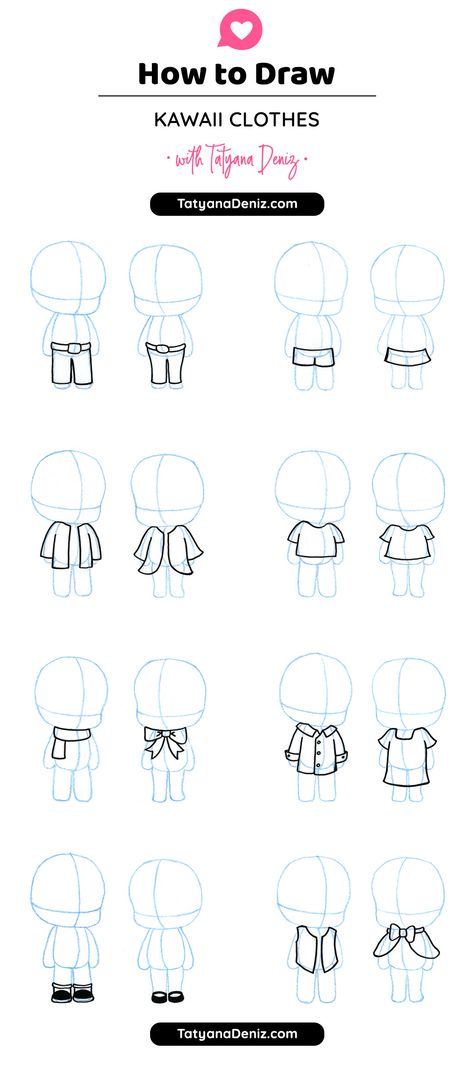 How to draw kawaii clothes Chibi Eyes Side View, Chibi Base With Hair, Kawaii Body Tutorial, Chibi Art Style Clothes, How To Draw Anime Clothes Step By Step, Chibi Clothes Drawing, Kawaii How To Draw, How To Draw A Chibi Body Step By Step, Simple Cartoon Character Design