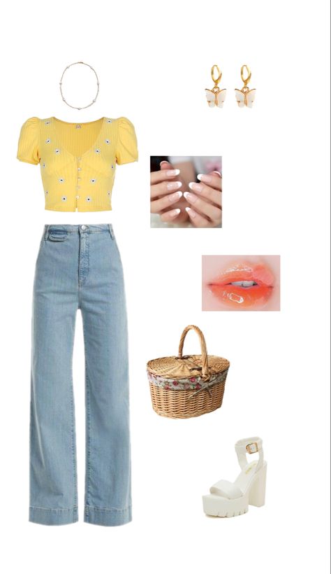 collage including a yellow shirt with daises, blue jeans, white platform sandals, gold jewelry, a picnic basket, French tip nails, and coral lip gloss Soft Yellow Aesthetic Outfit, Cute Soft Girly Outfits, Daisy Outfit Aesthetic, Girly Retro Outfits, Daisy Aesthetic Outfit, Picnic Core Outfit, Girls Picnic Outfit Ideas, Pastel Aesthetic Outfit Summer, Honey Aesthetic Outfit