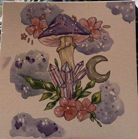 Fairy And Mushroom Drawing, Moon Mushroom Art, Fairycore Painting Easy, Fairy Core Art Drawing, Fairy Core Paintings, Fairycore Painting Ideas, Hippie Watercolor Painting, Fairycore Watercolor, Fairycore Painting