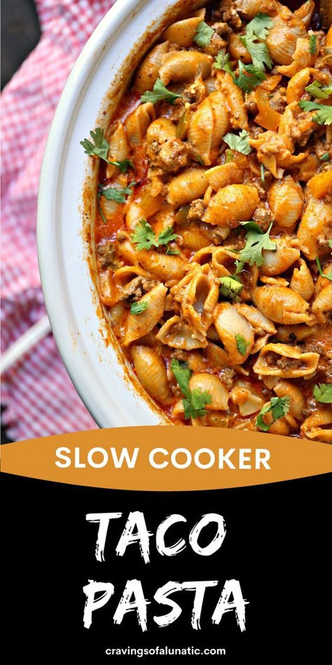 This slow cooker taco pasta is an easy cheesy dinner the whole family will love. Whip up a big batch today! #dinner #meal #crockpot #slowcooker Taco Slow Cooker Recipes, Taco Pasta Crockpot, Taco Crockpot Recipes, Crockpot Taco Pasta, Crockpot Treats, Slow Cooker Taco Pasta, Cheesy Dinner, Slow Cooker Taco, Fall Eats