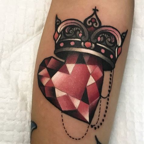 Queen of Hearts Tattoo | Tattoo Ideas and Inspiration Diamond Crown Tattoo, Queen Of Hearts Tattoo, Geometric Tattoo Sleeve Designs, Anniversary Tattoo, Hearts Tattoo, Jewel Tattoo, Blue Rose Tattoos, Diamond Tattoos, Heart Tattoo Designs