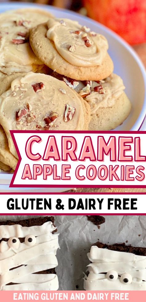 Caramel apple cookies iwth text overlay. Caramel Apple Pie Cookies, Gluten Free Caramel Apples, Gluten Free Caramel, Cookies Dairy Free, Soy Free Desserts, Sugar Free Cookie Recipes, Apple Cookies Recipes, Gluten Free Apple Pie, Caramel Apple Cookies