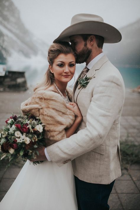 Kenneth and Lydia's snowy vows in Alberta, Canada - Winter Wedding Inspiration - Cowboy Wedding Inspiration Winter Western Wedding, Winter Wedding Groomsmen, Country Groom Attire, Cowboy Wedding Attire, Fur Stole Wedding, Winter Wedding Fur, Fur Shawl Wedding, Winter Wedding Planning, Montana Elopement