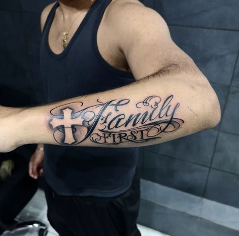 Forearm Word Tattoo, Family Name Tattoos, Name Tattoos On Arm, Hair Tattoo Designs, Arm Tattoos For Guys Forearm, Family First Tattoo, Family Tattoos For Men, Forearm Tattoo Quotes, Inner Arm Tattoos