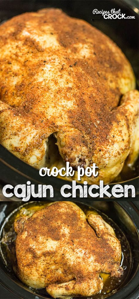 Crock Pot Cajun Chicken: Easy family dinner idea! Great twist on your traditional whole chicken recipe. Crock Pot Cajun Chicken, Crock Pot Cajun, Crockpot Whole Chicken Recipes, Whole Chicken Recipe, Cajun Chicken Recipes, Lemonade Pie, Deep South Dish, Easy Family Dinner, Whole Chicken Recipes