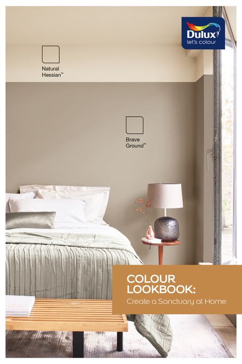 Colour Lookbook Sanctuary Home Bedroom 2 Colour Bedroom Wall, Neutral Feature Wall Bedroom, Neutral Relaxing Bedroom, Dulux Neutral Colours Bedroom, Two Tone Neutral Walls, Dulux Earthy Colours, Colors For Bedroom Walls Relaxing, Living Room Paint Color Ideas Dulux Colour Schemes, Cosy Bedroom Paint Colours