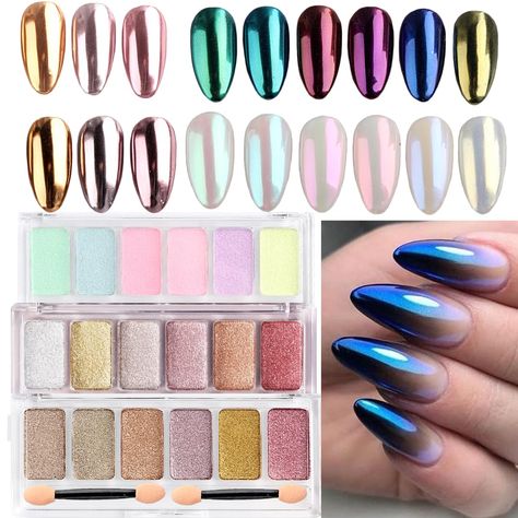 PRICES MAY VARY. 【Higher Glossy】 : Holographic mirror effect chrome powder contains greater glossy,the powder is of great effect in different colors. 【You will get】: 3boxes 6 colors chrome nail powder palette.(Mirror nail powder,holographic glitter powder,aurora nail powder) The glitter for nails will make your nails have a beautiful mirror effect with a bright lustre. 【Wide usage】: The nail mirror powder /holographic glitter powder/pearl powder can be used with both Gel Polish and normal nail p Light Color Chrome Nails, Holographic Mirror, Nail Mirror, Nail Dipping Powder Colors, Mirror Nails Powder, Cute Nail Colors, Aurora Nails, Powder Palette, Chrome Nail Powder