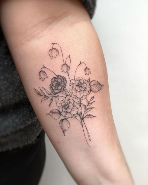 Lily Of The Valley And Carnation Bouquet, Marigold Lily Of The Valley Tattoo, Marigold And Lily Tattoo, Carnation And Cosmos Flower Tattoo, Astilbe Tattoo, Lily Of The Valley And Marigold Tattoo, Marigold And Lily Of The Valley Tattoo, Carnation And Lily Of The Valley Tattoo, Carnation And Snow Drop Flower Tattoo