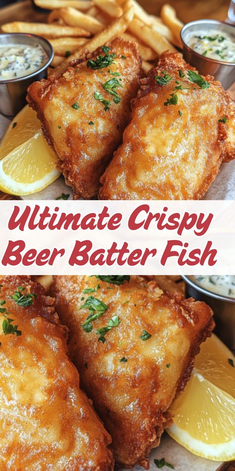 This ultimate crispy beer batter fish recipe delivers a light, flaky, and golden-brown crunch. Made with a simple beer batter, it ensures a perfectly crisp texture while keeping the fish tender. Perfect for fish and chips lovers! Fish Batter Recipe Crispy, Crispy Fish Batter Recipe, Beer Batter Fish Recipe, Batter Fish Recipe, Fried Cod Fish Recipes, Crispy Fish Batter, Batter For Fish, Pub Recipes, Beer Batter Recipe