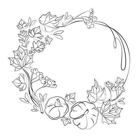 Autumn Round frame wreath with pumpkins,leaves and branches of rowan vector black and white sketch illustration.Line art drawing autumn wreath with gifts of nature with empty space for text. Line Art Pumpkin, Autumn Wreath Drawing, Wreath Drawing Simple, Drawing Ideas Black And White, Autumn Drawing Ideas, Drawing Ideas Black, Acrylics Ideas, Autumn Drawing, Pumpkin Sketch