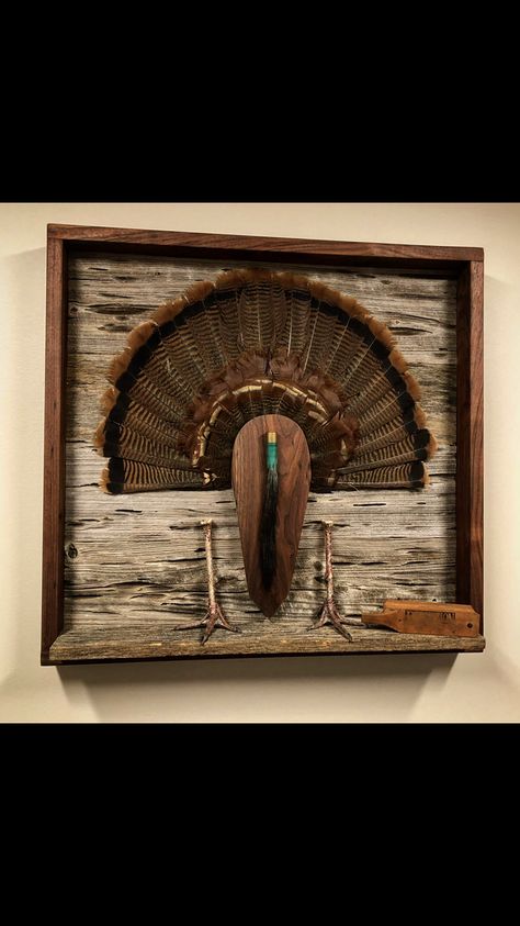 Turkey Feet Mount, Turkey Call Display, Framed Turkey Fan, Turkey Trophy Ideas, Turkey Fan Display Ideas, Turkey Tail Mount Ideas, Turkey Display Ideas, Turkey Tail Feather Mounts, Diy Turkey Fan Mount