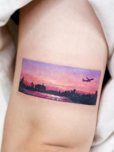 Pink Sunset Tattoo, Sunrise Tattoo, San Diego Tattoo, Sunset Tattoo, Italy Sunset, Sunset Tattoos, Pink Sunset, Tattoos And Piercings, Triangle Tattoo