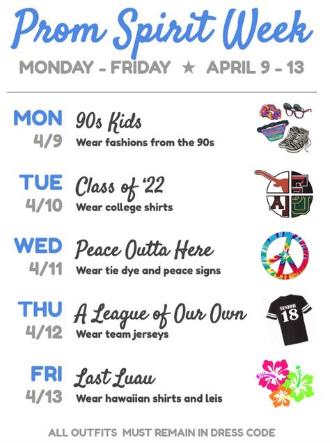 Kindness Club Ideas For High School, Senior Spirit Week Ideas High Schools, Themes For School Spirit Weeks, College Spirit Week Ideas, Nursing Spirit Week Ideas, High School Themes Spirit Weeks, April Spirit Week Ideas, Senior Week Ideas High School, Prom Spirit Week Ideas