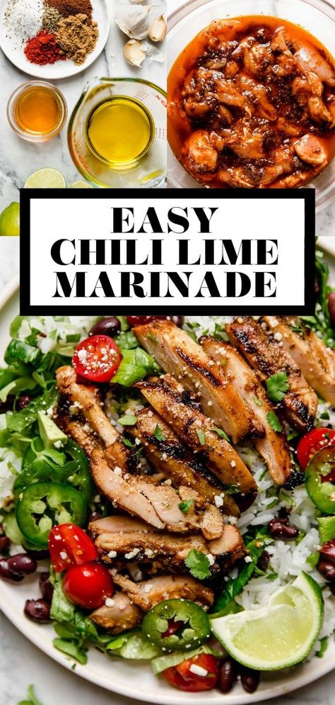 This Chili Lime Marinade adds bright, zesty, & spiced flavor to everything it touches. Made with just 8 pantry ingredients in 10 minutes or less, this Mexican-inspired marinade pairs beautifully with everything from epic steak fajitas to grilled chicken, pork, seafood, veggies, & even fruit! #marinade #chililime #chililimechicken #chililimesalmon #chilelime #marinadeforchicken #grilledchickenmarinade Chicken Marinade Healthy, Pork Marinades, Chili Lime Chicken Marinade, Mexican Chicken Marinade, Veggie Marinade, Chili Lime Marinade, Steak Marinade For Grilling, Chili Lime Salmon, Pork Fajitas