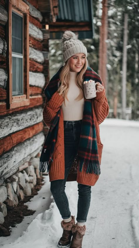 Stay stylish and warm with a rust chunky cardigan, cream thermal, and high-waisted jeans. Click for more winter outfit inspiration! 🧶👖 #WinterWardrobe #CasualChic #ColdWeatherStyle Cosy Winter Outfits Casual, Mountain Fashion Women Winter, Winter Cabin Outfits Women, Cabin Winter Outfit, Wyoming Outfit Winter, Winter Cabin Aesthetic Outfit, Winter Cabin Outfit Cold Weather, Vermont Winter Outfit, Cute Road Trip Outfits Winter