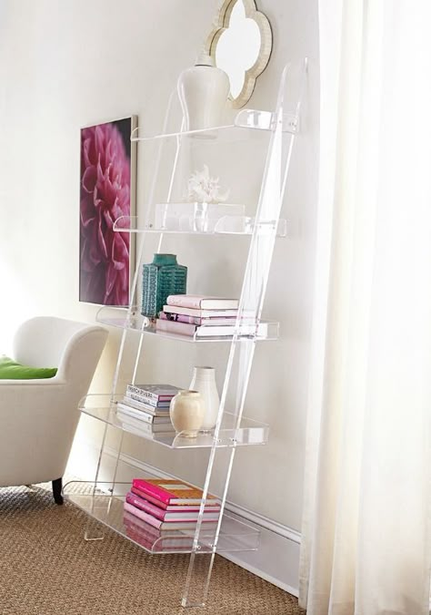 Acrylic leaning bookshelf - so chic! Leaning Bookshelf, Lucite Furniture, Driven By Decor, Acrylic Furniture, Playroom Design, Glass Furniture, Acrylic Decor, Tiny Bedroom, Modern Room