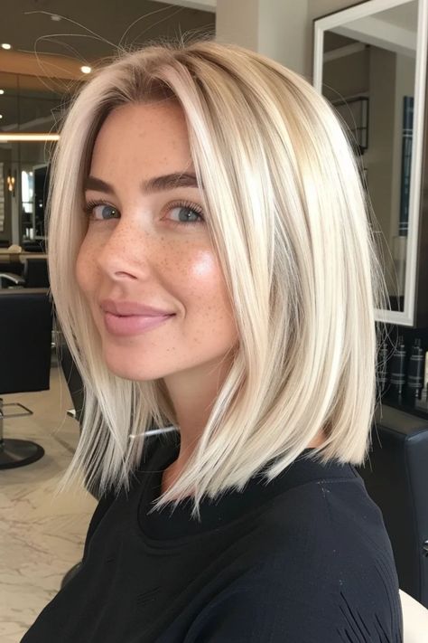 3/4 Wig For Women, Mom Hair Cut Ideas, Mid Length Blonde Wigs, Blonde Bob Before And After, Summer Blonde Bob Hair, Styling A Textured Bob, Adding Body To Fine Hair, Sleek Blonde Bob, Collarbone Lob Haircut