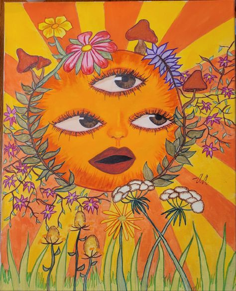 Trippy Nature Art, Groovy Drawings, Trippy Painting Ideas Creative, Trippy Flower Art, Trippy Sun, Mushroom Aesthetic Art Trippy, Trippy Flower Painting, Trippy Sun Art, Trippy Painting Ideas Creative Mushroom