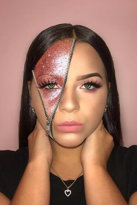 Show the World What Your Soul Is Really Made of With Glitter Zipper Makeup Eye Makeup Glitter, Fantasy Make-up, Halloweenský Makeup, Halloween Make-up Looks, Holloween Makeup, Zipper Makeup, Media Makeup, Cute Halloween Makeup, Halloween Makeup Diy