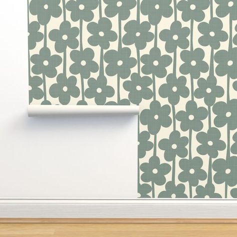 Retro daisies, sage green wallpaper, Modern floral wallpaper, Daisy wallpaper for nursery. Wallpaper Daisy, Wallpaper For Nursery, Daisies Wallpaper, Modern Floral Wallpaper, Sage Green Wallpaper, Daisy Wallpaper, Wallpaper Modern, Nursery Wallpaper, Childrens Room Decor