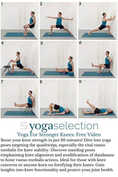 Yoga For Stronger Knees, Free Video Bedtime Exercise, Yoga For Cyclists, Restorative Poses, Yoga For Knees, Upward Facing Dog Pose, Yoga Chair, Knee Strength, Yoga Backbend, Hip Flexor Exercises