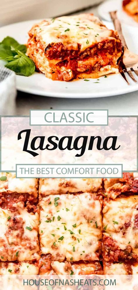 Nothing says love like a big pan of layered cheese, pasta, meat, and sauce. This Classic Lasagna recipe is always a crowd pleaser made with 4 simple layers, and comes together in just minutes with an easy hack. The oven does the rest for you! This classic meat lasagna recipe is a traditional Italian one and sure to become a family favorite in no time! #lasagna #meat #classic #groundbeef #sausage #Italian #homemade #fromscratch #noodles #pasta #easy #best #simple #bolognese #marinara #... Meat Lasagna Recipe, Easy Lasagna Recipe With Ricotta, Sausage Italian, Simple Layers, Italian Sausage Lasagna, Homemade Lasagna Recipes, Lasagna Recipe With Ricotta, Classic Lasagna Recipe, Best Lasagna Recipe