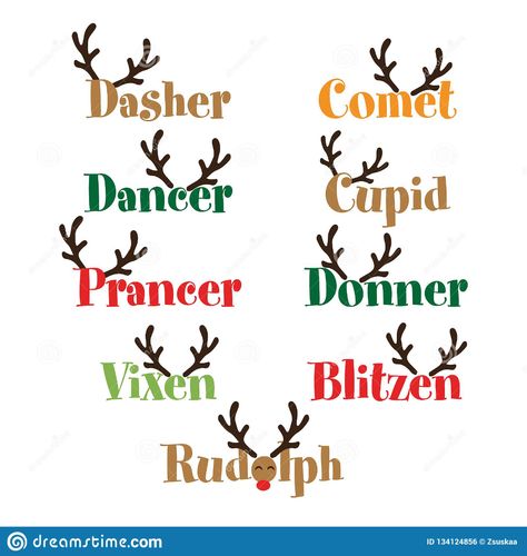 Santa`s Reindeer names stock vector. Illustration of cupid - 134124856 Name Tags Printable, Holiday Facts, Christmas Art For Kids, Xmas Costumes, Adult Christmas Party, Cricut Christmas Ideas, Reindeer Names, Santa's Reindeer, Santa Claus Reindeer