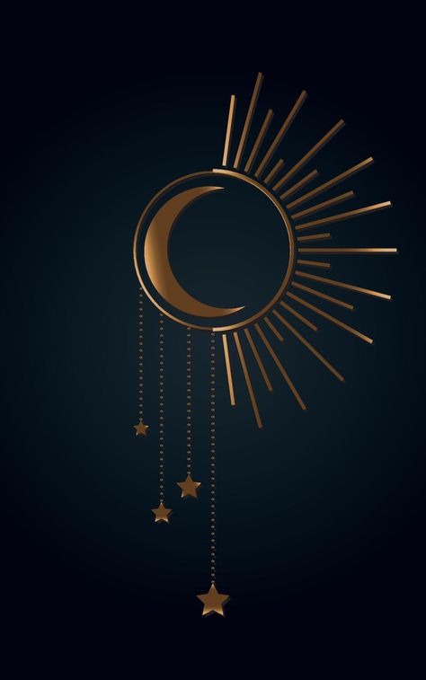 Sun, Moon and stars Icon, Boho Witch and Magic symbol. mystic art sign, gold luxury emblem. Vector illustration isolated on black background, Flat style for graphic and web design, logo, sticker Mystic Art, Stars Icon, Boho Witch, Web Design Logo, Sun Moon And Stars, Magic Symbols, Dream Symbols, Gold Luxury, Celestial Art