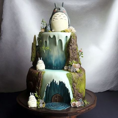 Totoro Waterfall Wedding Cake Waterfall Cake, Totoro Cake, Bolo Rapunzel, Pastel Desserts, Cookie Recipes Decorating, Anime Cake, Adult Birthday Cakes, Funny Birthday Cakes, Cookie Cake Recipe