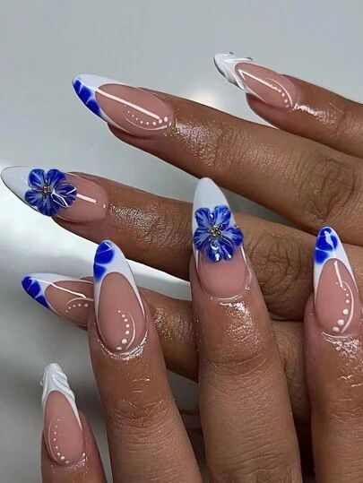 Almond French Tip, Light Blue Nail Designs, Almond Nails French, Long Almond Nails, Royal Blue Nails, French Tip Press On Nails, Baby Blue Nails, Press On Nails Medium, Blue Acrylic Nails