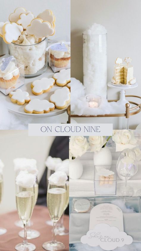 Cloud Nine Theme, On Cloud 9 Bridal Shower, Cloud Baby Shower Theme, Engagement Party Themes, Cloud Party, Classy Baby Shower, Cloud Theme, Bridal Shower Inspo, Baby Shower Theme Decorations