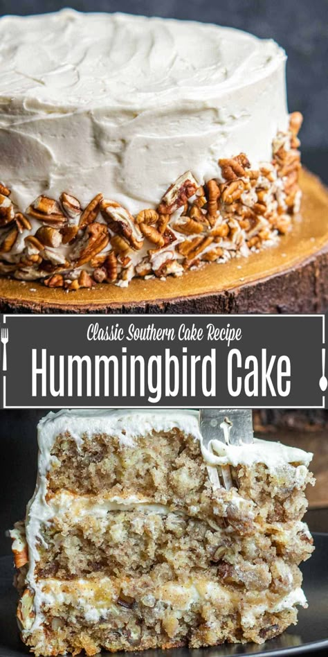 This classic southern Hummingbird Cake recipe has everything you need for the perfect cake. Bananas, pineapples, pecans and a dash of cinnamon bakes up into perfectly moist cake. It's topped with an amazing cream cheese frosting to bring it all together. Hummingbird cake makes an excellent Easter dessert recipe but don't stop there. Make Hummingbird Cake for all of your special occasions! It's an easy cake recipe that everyone will love. Hummingbird Cake Sallys Baking, Moist Hummingbird Cake Recipe, Southern Hummingbird Cake, Best Hummingbird Cake Recipe, Hummingbird Cake Recipe Best, Hummingbird Cake From Box Recipe, Hummingbird Cake Southern Living, Best Hummingbird Cake, Hummingbird Cake Recipe