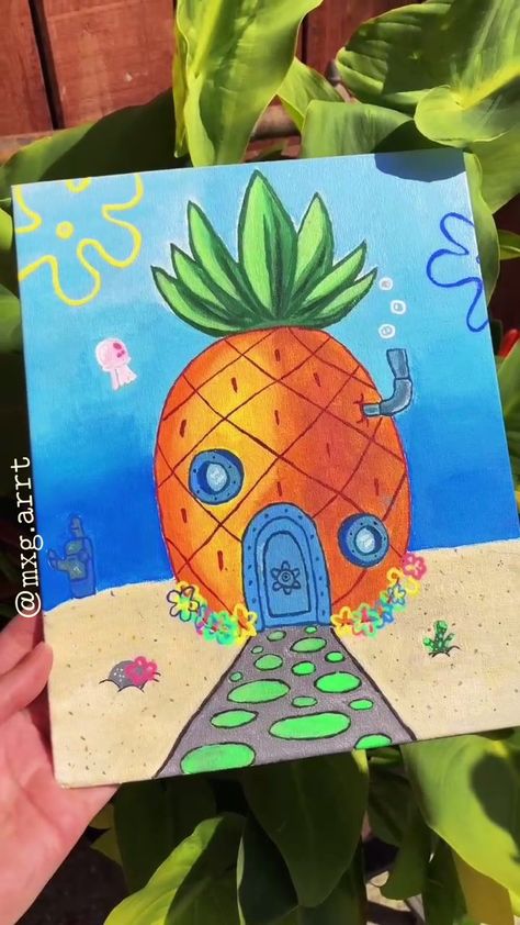 𝐶��𝑎𝑛𝑣𝑎𝑠 𝑃𝑎𝑖𝑛𝑡𝑖𝑛𝑔 🎨 Spongebob House, Disney Canvas Paintings, House In Minecraft, Diy Canvas Art Easy, Cute Easy Paintings, Spongebob Painting, Canvas Art Projects, Art Painting Tools, Hippie Painting