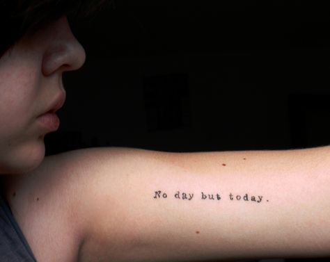 RENT tat. Cool placement Rent Tattoos Musical, Rent The Musical Tattoo, Rent Tattoo Ideas, Rent Inspired Tattoos, Rent Musical Tattoo, Rent Tattoo Musical, No Day But Today Tattoo, Rent Tattoo, Broadway Tattoos