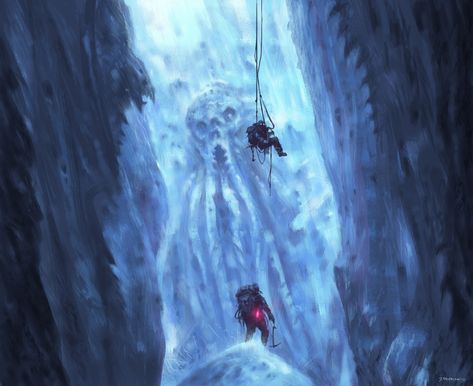 ArtStation - Ice cave , Jakub Rozalski Jakub Rozalski, Hidden Passage, Ice Cave, Howl At The Moon, Cosmic Horror, Log Book, Creature Feature, Matte Painting, Mythological Creatures