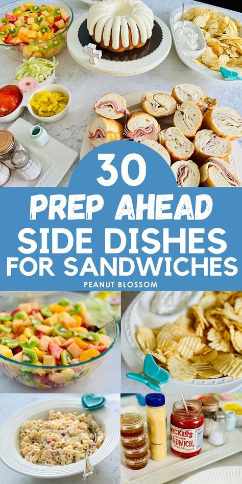 Order a big party sub or a party sandwich platter and then just prep ahead these easy side dishes for sandwiches to fill out your menu. This is a great easy buffet to serve for a graduation party or open house event. What To Serve With Sandwiches At A Party, Work Party Lunch Ideas, Side Dishes For Sandwiches Parties, Light Lunch Buffet Ideas, Party Sandwiches Platter, What To Serve With Sliders Parties, Easy Side Dishes For Sandwiches, Lunchmeat Sandwich Tray, Sides To Go With Sandwiches Parties