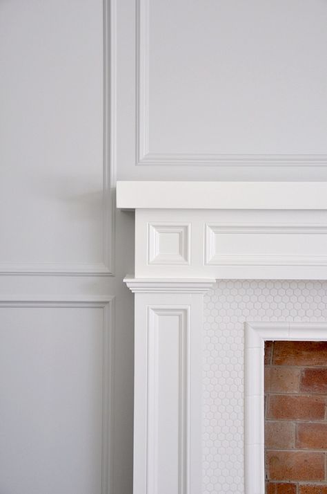 Benjamin Moore cliffside grey Molding On Fireplace, Decorative Wall Molding, Fireplace Inspiration, Fireplace Mantles, Paint Fireplace, Shiplap Fireplace, Fireplace Built Ins, Young House, Penny Tile