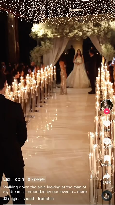 Candelabra Aisle Wedding, Candle Lit Ceremony Aisle, Wedding Aisle Candles Indoor Ceremony, Candle Lit Wedding Ceremony Indoor, Candle Wedding Aisle Decor, Candles Down Aisle Wedding, Candle Lit Weddings, Wedding Isles Ideas, Candle Aisle Wedding