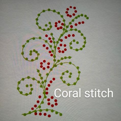 Coral stitch looks like a knot and is used mostly for outlines in hand embroidery designs. Thicker the thread more prominent is the stitch. Coral Stitch Embroidery Design, Coral Stitch Embroidery, 52 Blocks, Coral Stitch, Stitch Embroidery Design, Simple Flower Design, Coral Design, Knot Design, Simple Flower