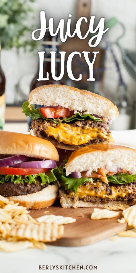 Juicy lucy burgers on a cutting board. Juicy Lucy Burger Recipe, Juicy Lucy Burger, Grilled Burger Recipes, Easy Burger Recipe, Broccoli Dishes, Best Burger Recipe, Juicy Lucy, Healthy Burger, Cold Sandwiches