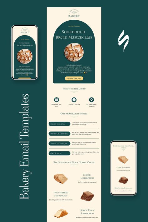 Events email template "Bread masterclass" for baking industry. Unlock email success. Follow us on Pinterest for design and marketing hacks! 📈💌 #eventsemail #bakery #stripoemail #emailtips #emailnewsletter #emailtemplate #emaildesign #emailmarketing #emaildesignlayout Creative Email Design, Emailer Design Layout, Newsletter Graphic Design, Mailchimp Email Design, Email Marketing Template Design, Portfolio Cover Design, Marketing Hacks, Email Marketing Design Inspiration, News Letter