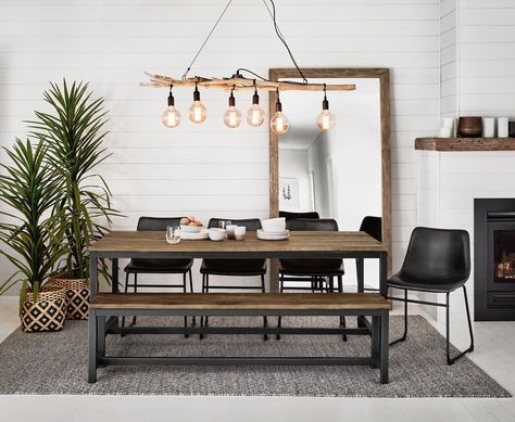 grey pattern rug under brown timber industrial dining table from freedom Rug Under Kitchen Table, Rug Under Dining Table, Dining Room Industrial, Dining Table Lighting, Industrial Dining Table, Dining Table Rug, A Rug, Dining Room Walls, Dining Room Rug