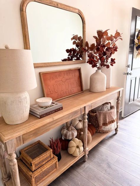 Fall Entryway Table - Blogs by Aria Fall Entryway Table, Fall Entry Table Decor, Entryway Table Styling, Fall Entry Table, Fall Decor Ideas For Apartments, Fall Entryway Decor, Fall Entry, Elegant Fall Decor, Modern Farmhouse Dining Table