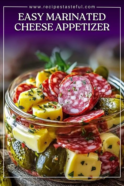 This Easy Marinated Cheese Appetizer with Salami & Pickles is the perfect blend of savory, tangy, and fresh flavors. Sharp cheddar and pepper jack cheese cubes are marinated in olive oil, vinegar, and Italian seasoning, then paired with bite-sized salami and crunchy pickles for a simple yet delicious appetizer that’s perfect for any occasion! Marinated Cheese Appetizer, Salami Appetizer, Crunchy Pickles, Crockpot Chicken Dinners, Pickle Appetizers, Salami Recipes, Actifry Recipes, Marinated Cheese, Cheese Appetizer