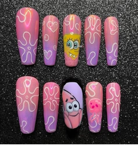 Patrick Star Nails, Spongebob Nail Art, Pikachu Nails, Unusual Nail Designs, Spongebob Nails, Character Nails, Star Nail Designs, Cartoons Movies, Patrick Nagel