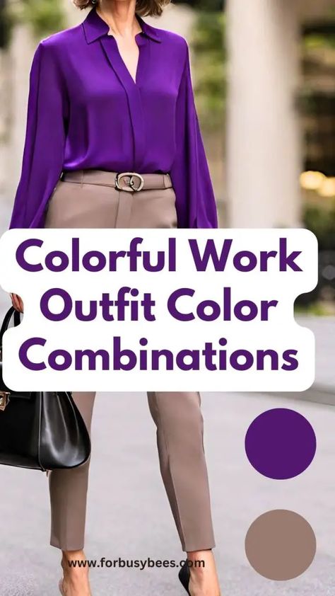 colorful work outfit color combination Orange Sweater Work Outfit, Gray Color Palette Outfit, Yellow Pants Work Outfit, Hot Pink Top Outfit Work, Emerald Green Pants Outfit Work, Colourful Office Outfits Women, Nurse Practitioner Outfits Work Attire Business Casual, Purple Wide Leg Pants Outfit, Smart Pants Outfit Women