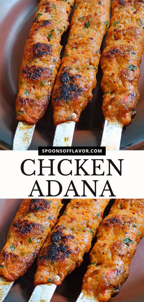 Image showing chicken adana on wide metal skewers. Homemade Chicken Kebab, Indian Skewers, Pot Luck Food Ideas, Chicken Adana Kebab Recipe, Turkish Dinner Recipes, Chicken Adana, Turkish Recipes Chicken, Arabic Dinner, Persian Kebab