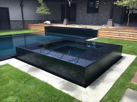 Pool Tile for Hot Weather Fun | Concept II Tile Store Black Tile Spa Pool, L Shape Swimming Pool Ideas, Pool With Black Tile, Black Pool Tiles, Choosing Pool Tile, White Pools, Modern Pool And Spa, Pool Surround, Luxury Pools Backyard