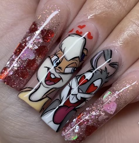 Valentines Day Nails Cartoon, Valentines Nails Cartoon, Valentines Day Character Nails, Disney Long Nails, Lola Bunny Nails, Character Valentines Nails, Valentines Day Nails Stiletto, Bratz Nails Design, Character Nails