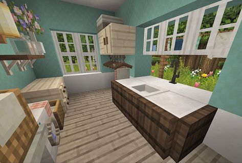 Minecraft Laundry Room Ideas, Laundry Room Minecraft, Minecraft Hair Salon, Minecraft Mods Aesthetic Java, Minecraft Laundry Room, Aesthetic Minecraft Build, Minecraft Mods Java, Minecraft Cottagecore Interior, Minecraft Bathroom Design